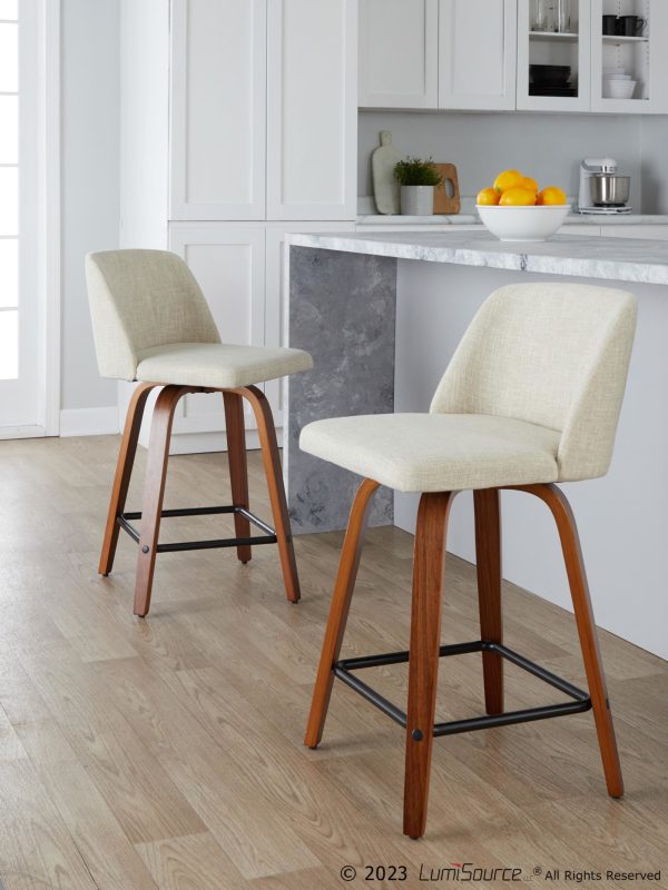 Toriano Walnut Cream Mid Century Modern 24 Inch Counter Stools Set of 2 3