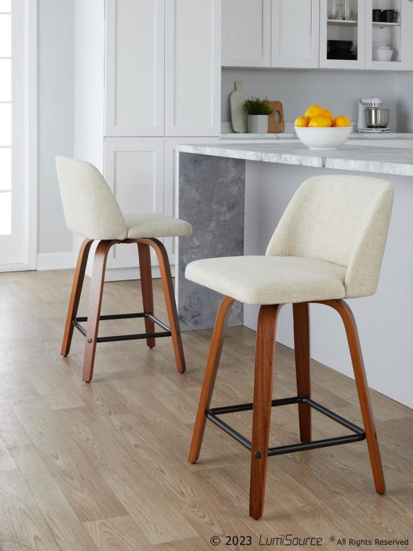 Toriano Walnut Cream Mid Century Modern 24 Inch Counter Stools Set of 2