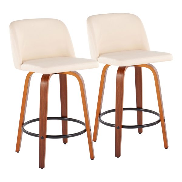 Toriano Walnut Cream Swivel Mid Century Modern Counter Stools Set of 2 2