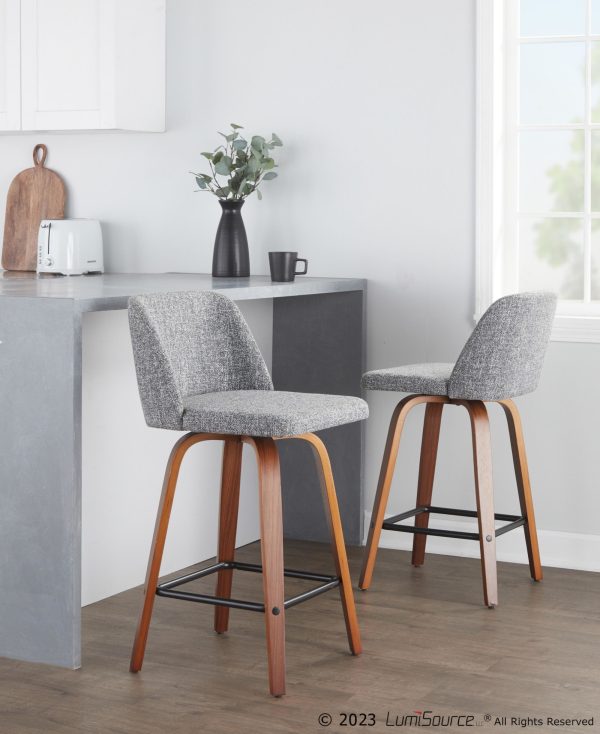 Toriano Walnut Grey Fabric Mid Century Modern Counter Stools Set of 2 1