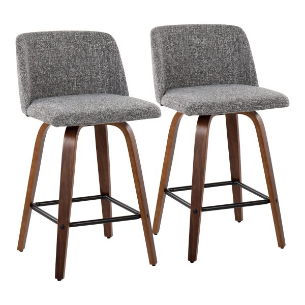 Toriano Walnut Grey Fabric Mid Century Modern Counter Stools Set of 2 4
