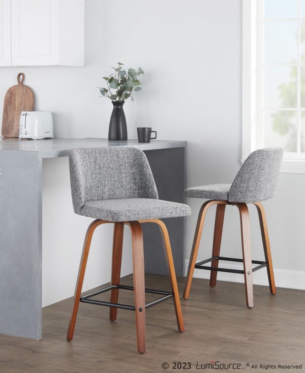 Toriano Walnut Grey Fabric Mid Century Modern Counter Stools Set of 2