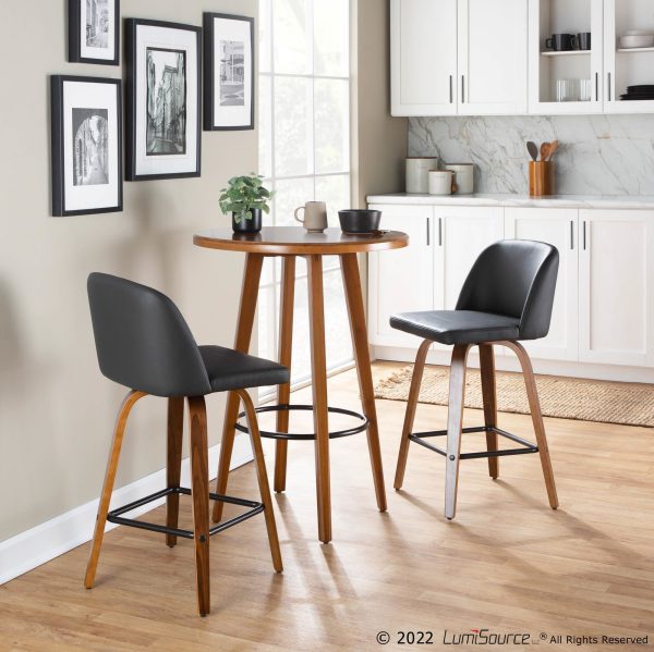Toriano Walnut Mid Century Modern Black Faux Leather Counter Stool Set of 2 1