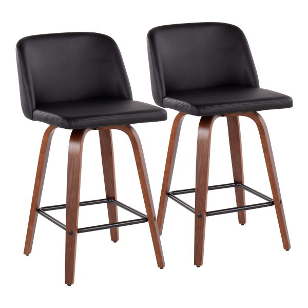 Toriano Walnut Mid Century Modern Black Faux Leather Counter Stool Set of 2 2