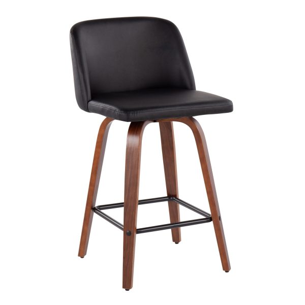 Toriano Walnut Mid Century Modern Black Faux Leather Counter Stool Set of 2 3