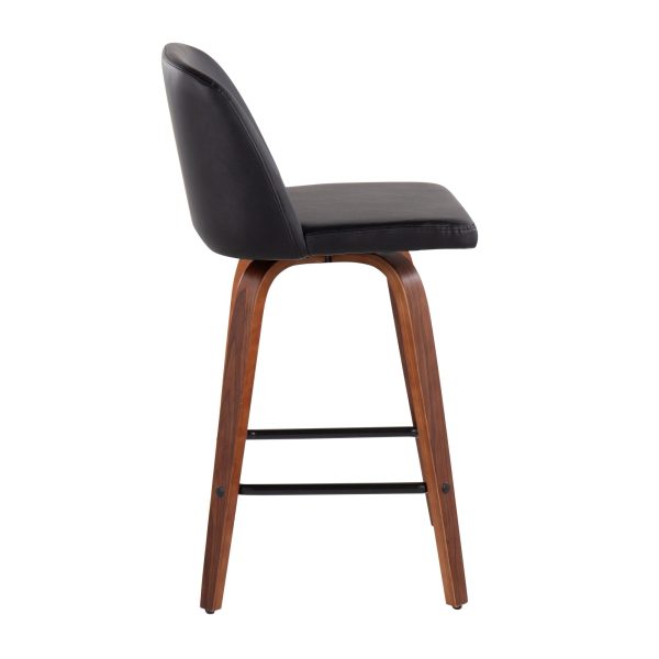 Toriano Walnut Mid Century Modern Black Faux Leather Counter Stool Set of 2 4