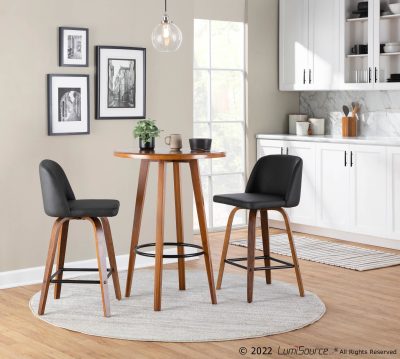 Toriano Walnut Mid-Century Modern Black Faux Leather Counter Stool (Set of 2)