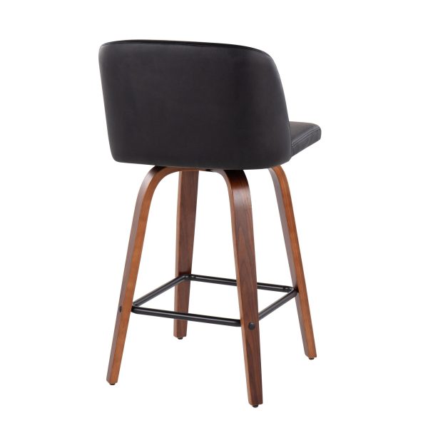 Toriano Walnut Mid Century Modern Black Faux Leather Counter Stool Set of 2 5