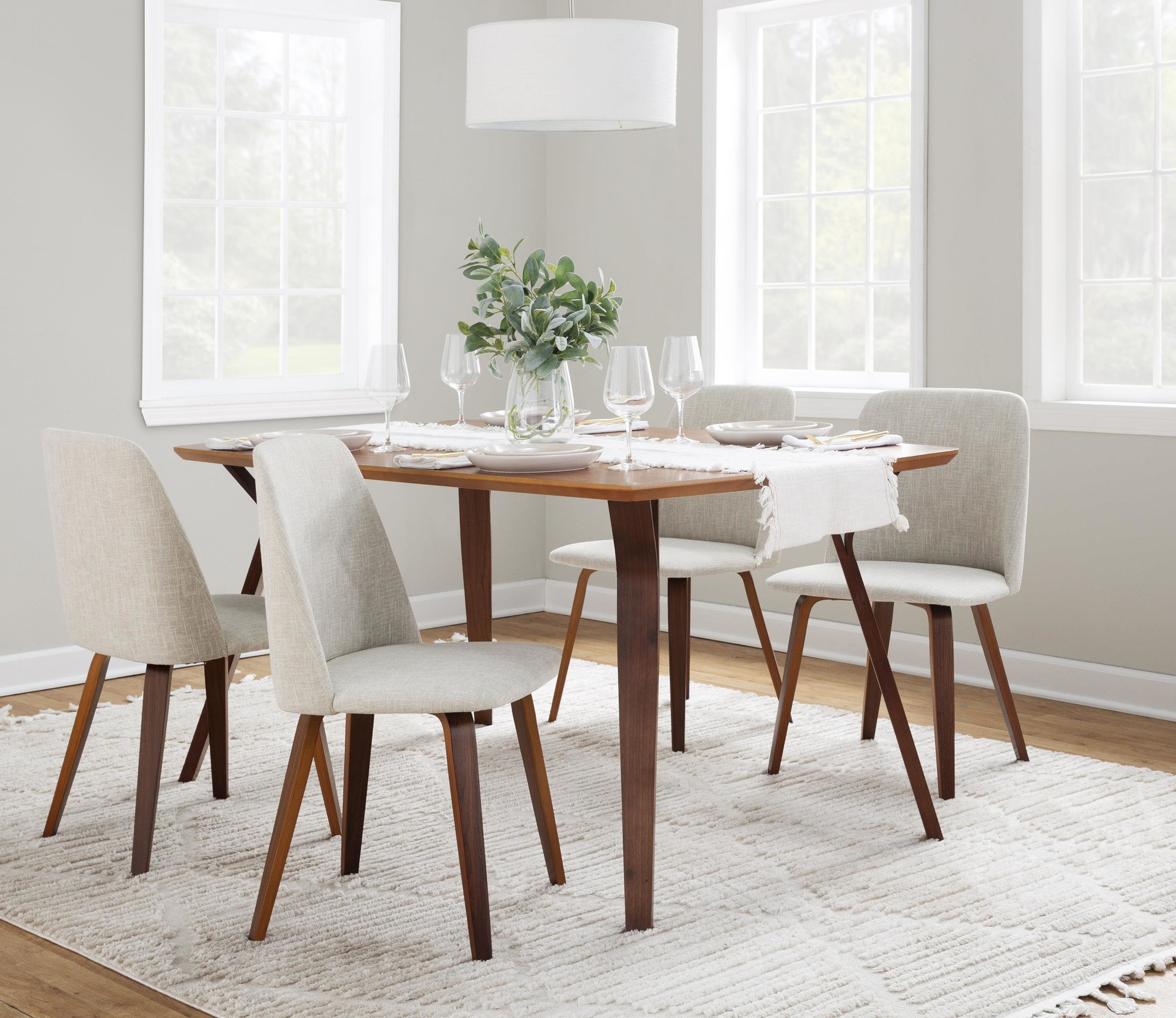 Toriano Walnut Wood Beige Fabric Mid-Century Dining Chairs (Set of 2) 2 Toriano Walnut Wood Beige Fabric Mid-Century Dining Chairs (Set of 2) - Image 2
