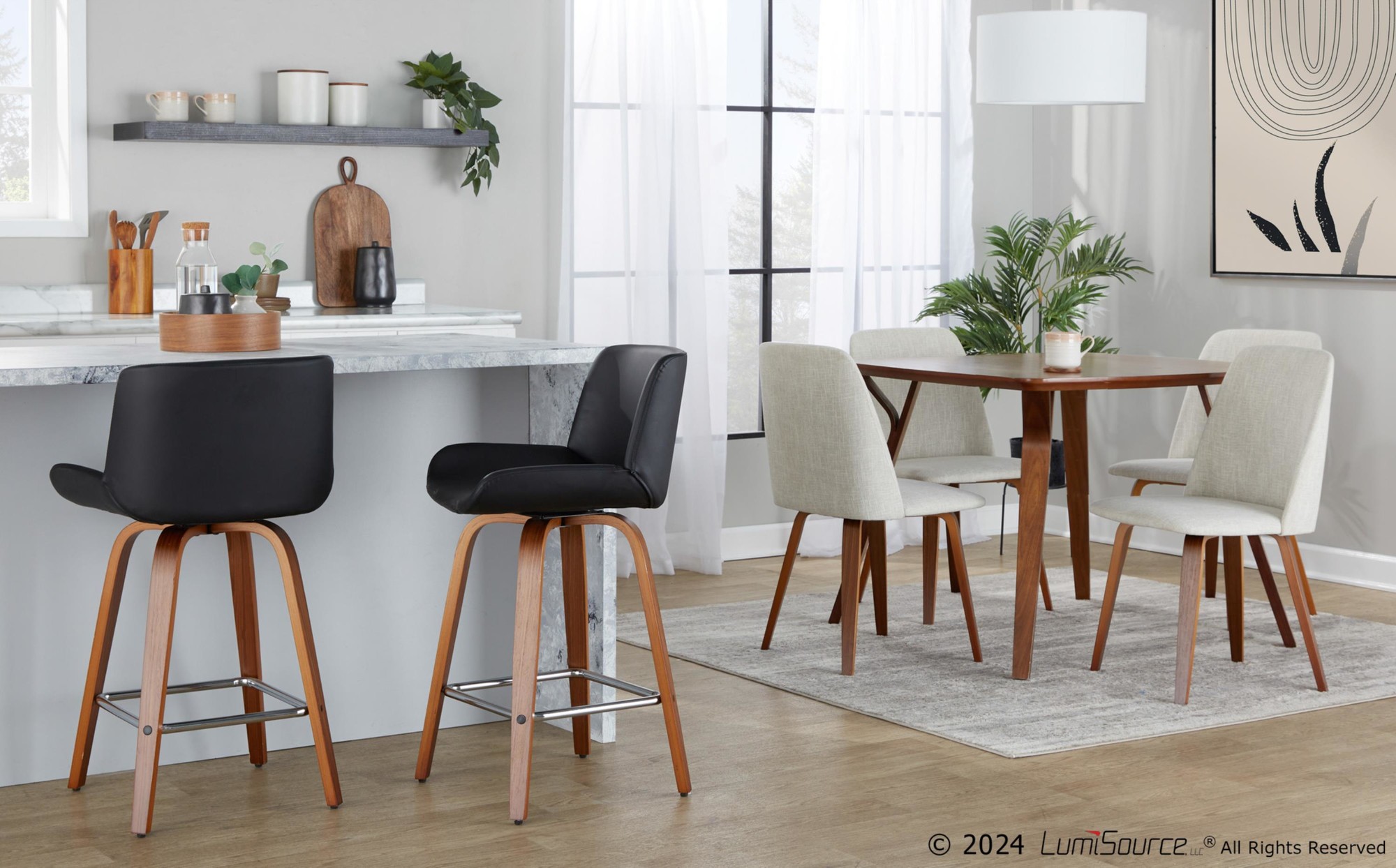 Toriano Walnut Wood Beige Fabric Mid-Century Dining Chairs (Set of 2) 3 Toriano Walnut Wood Beige Fabric Mid-Century Dining Chairs (Set of 2) - Image 3