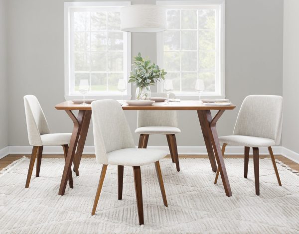 Toriano Walnut Wood Beige Fabric Mid Century Dining Chairs Set of 2