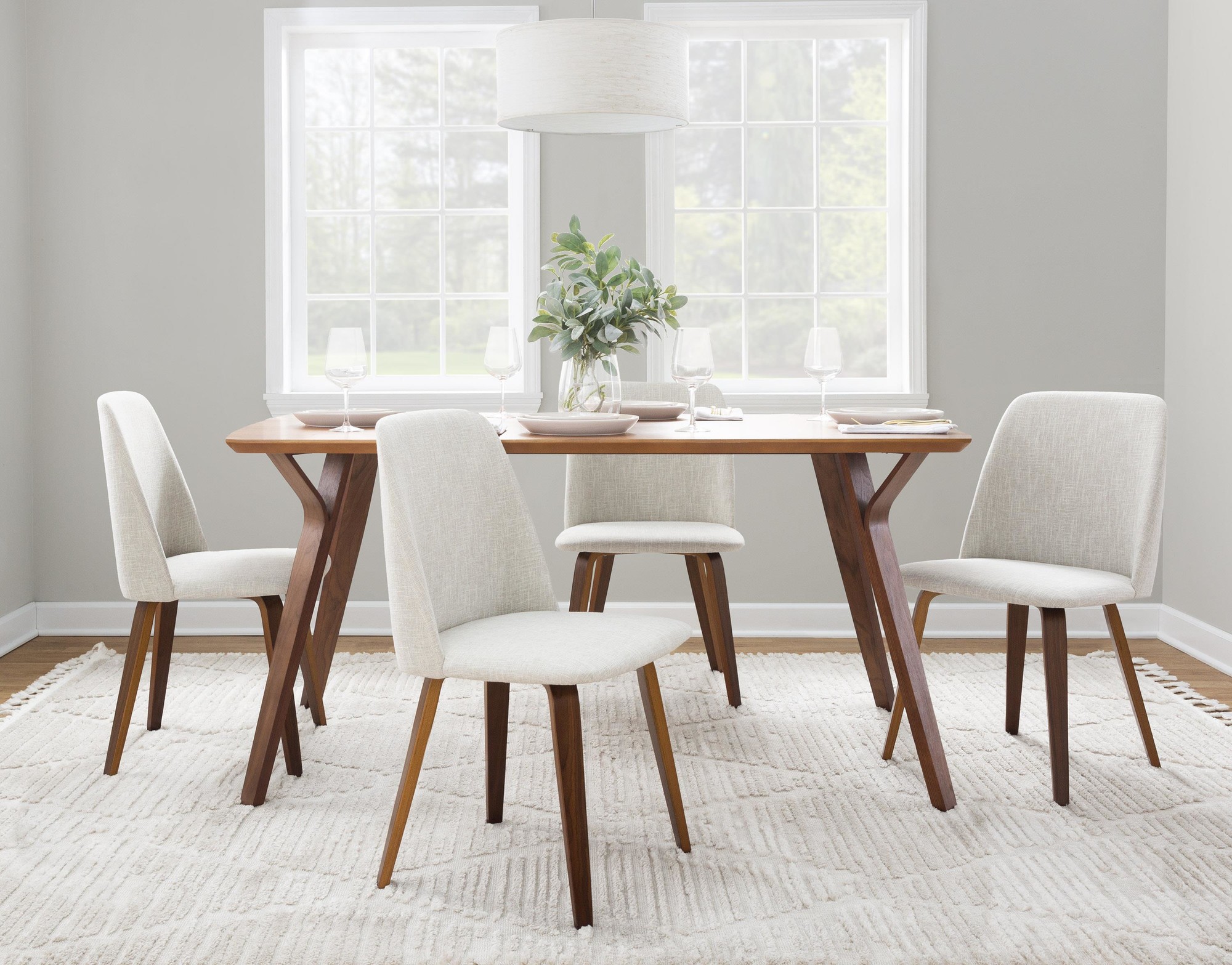Toriano Walnut Wood Beige Fabric Mid-Century Dining Chairs (Set of 2) 1 Toriano Walnut Wood Beige Fabric Mid-Century Dining Chairs (Set of 2)