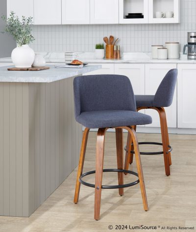 Toriano Walnut and Blue Mid-Century Modern Counter Stool (Set of 2)