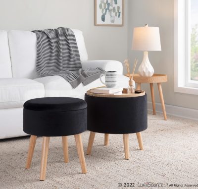 Tray Black Velvet Contemporary Storage Ottoman Set