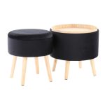 Tray Black Velvet Contemporary Storage Ottoman Set