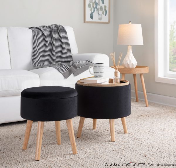 Tray Black Velvet Contemporary Storage Ottoman Set