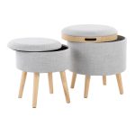 Tray Contemporary Light Grey Fabric Storage Ottoman Set