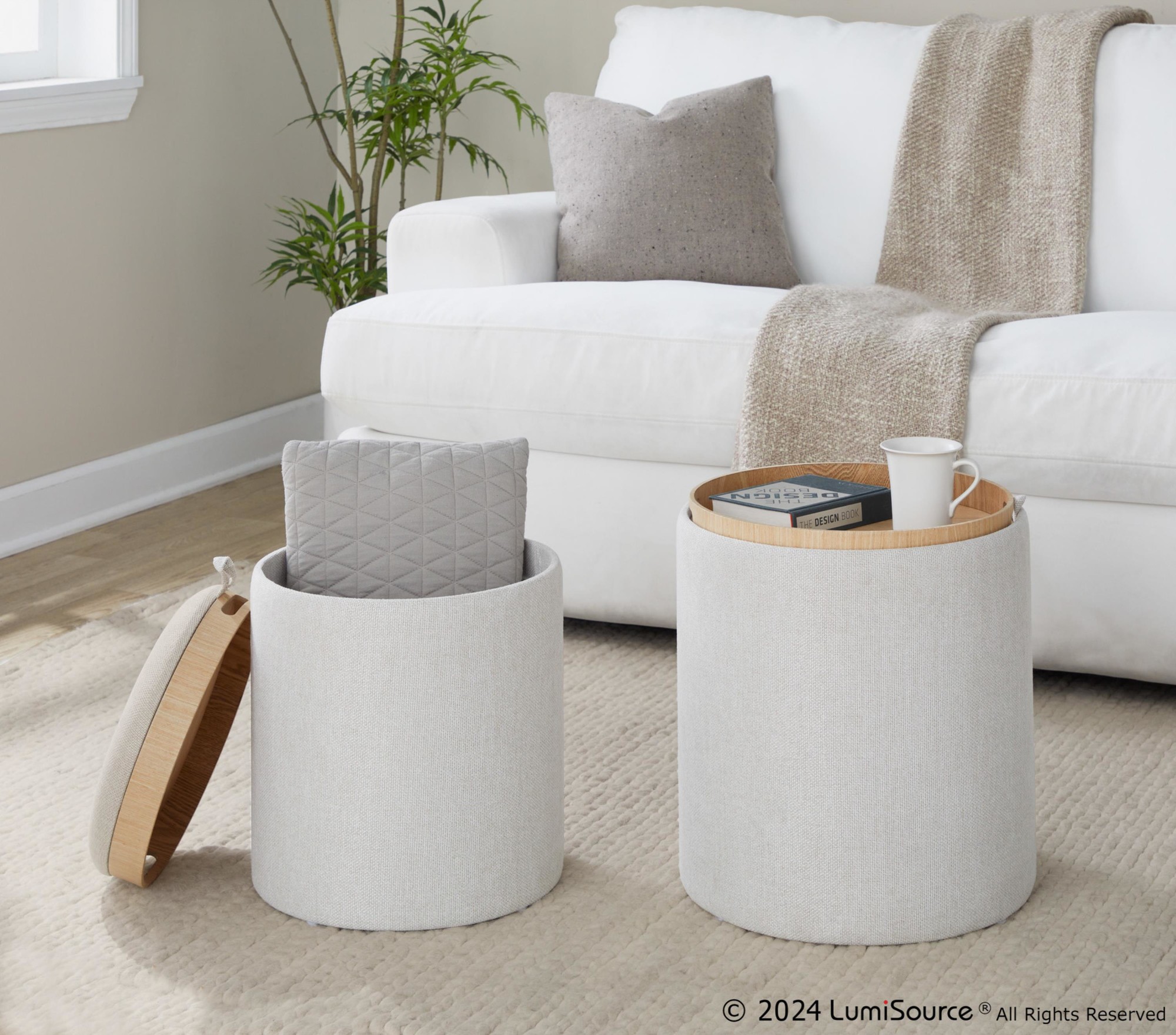 Tray Cream Fabric Contemporary Nesting Ottoman Set 2 Tray Cream Fabric Contemporary Nesting Ottoman Set - Image 2