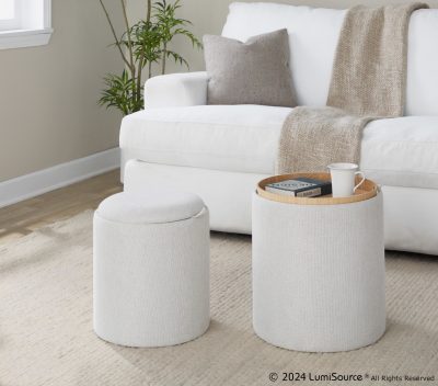 Tray Cream Fabric Contemporary Nesting Ottoman Set