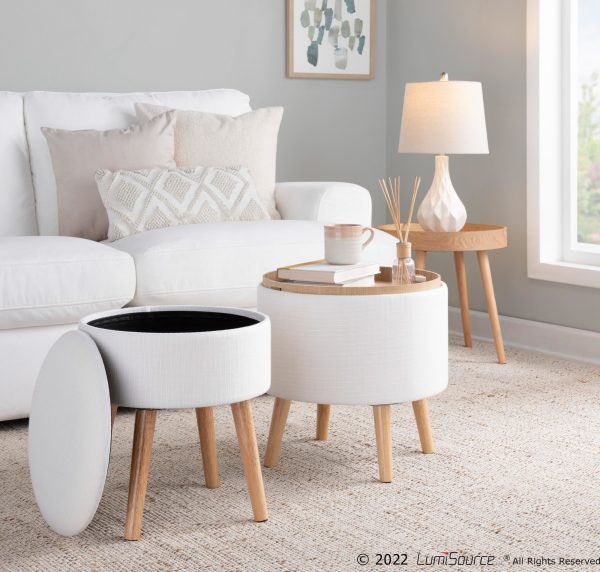 Tray Cream Fabric Storage Ottoman Set 1