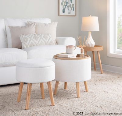 Tray Cream Fabric Storage Ottoman Set