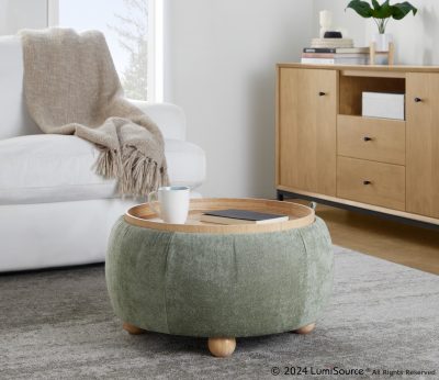 Tray Green Fabric Contemporary 26-Inch Storage Pouf Ottoman