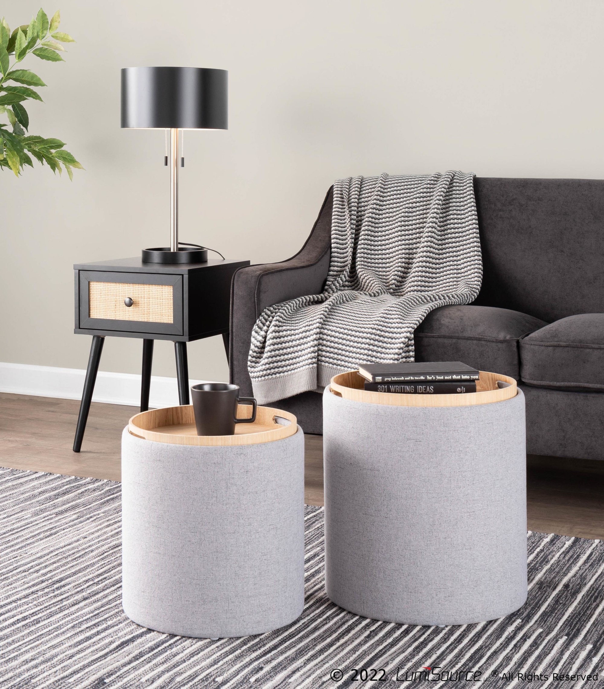 Tray Grey Fabric Contemporary Nesting Ottoman Set 2 Tray Grey Fabric Contemporary Nesting Ottoman Set - Image 2