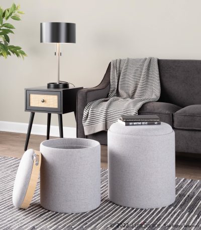 Tray Grey Fabric Contemporary Nesting Ottoman Set