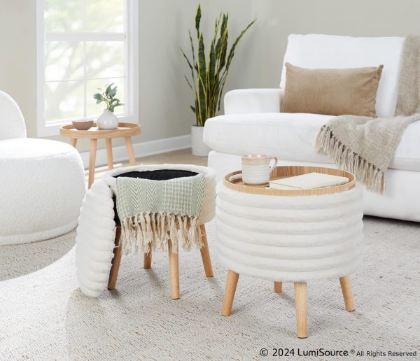 Tray Plush Cream Faux Fur Storage Ottoman Set 1