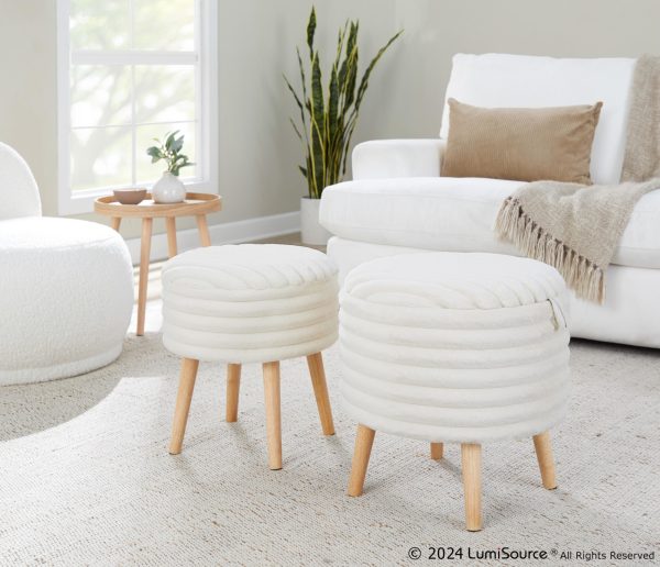 Tray Plush Cream Faux Fur Storage Ottoman Set 2