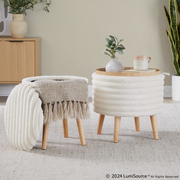 Tray Plush Cream Faux Fur Storage Ottoman Set 3