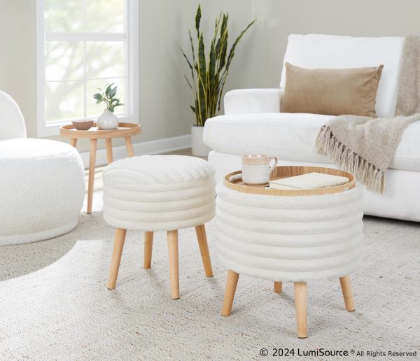 Tray Plush Cream Faux Fur Storage Ottoman Set
