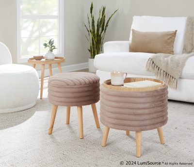 Tray Plush Light Brown Faux Fur Storage Ottoman Set