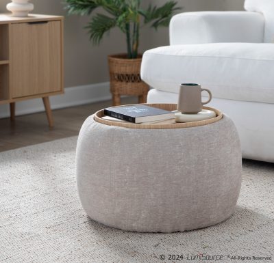 Tray Pouf 215" Light Brown Fabric Natural Wood Contemporary Ottoman