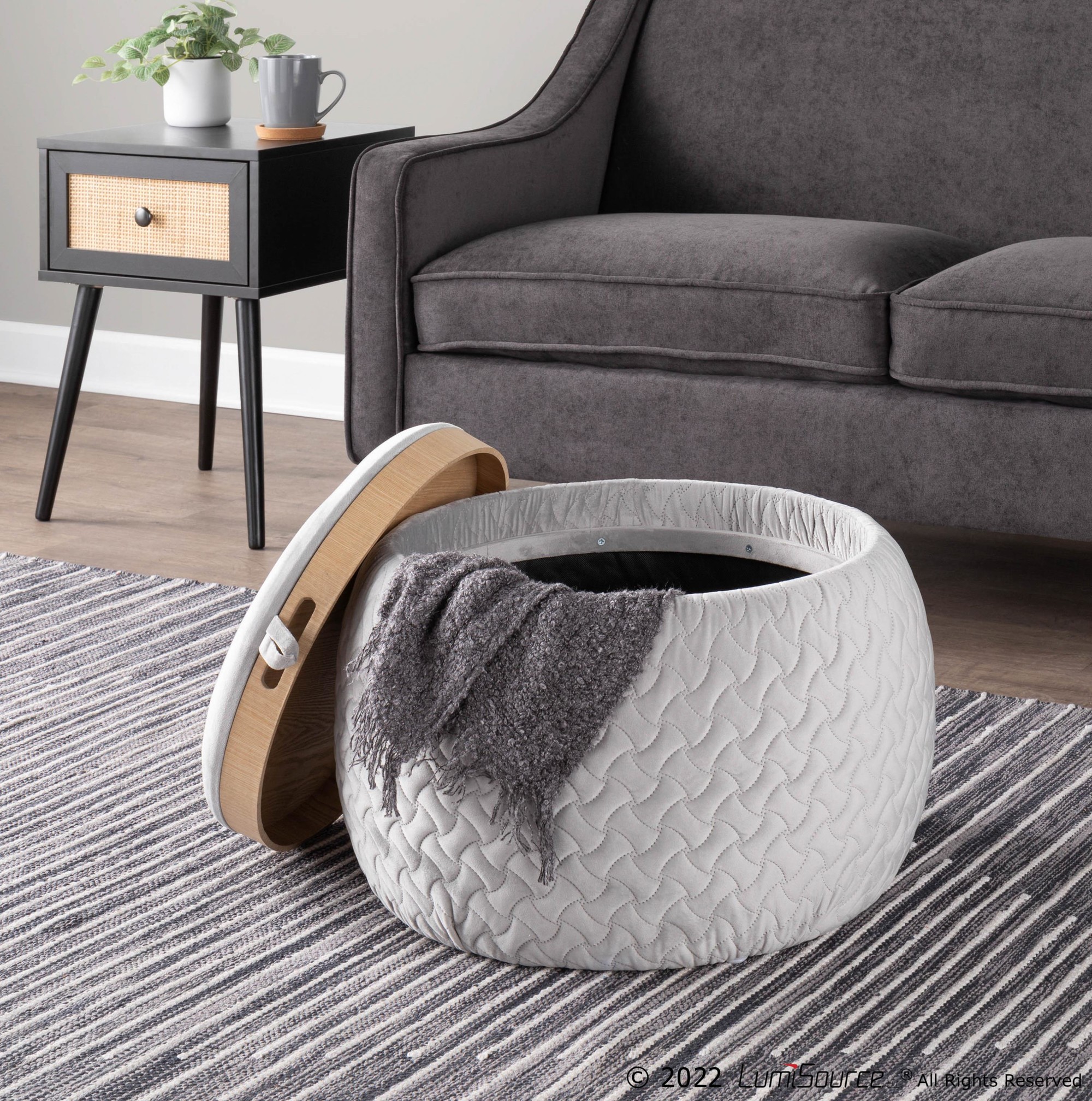 Tray Pouf Contemporary Silver Velvet Ottoman Natural Wood 2 Tray Pouf Contemporary Silver Velvet Ottoman Natural Wood - Image 2