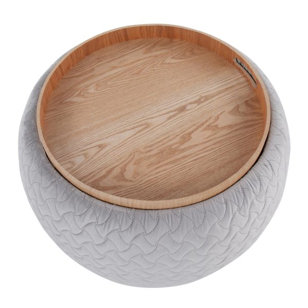 Tray Pouf Contemporary Silver Velvet Ottoman Natural Wood 10