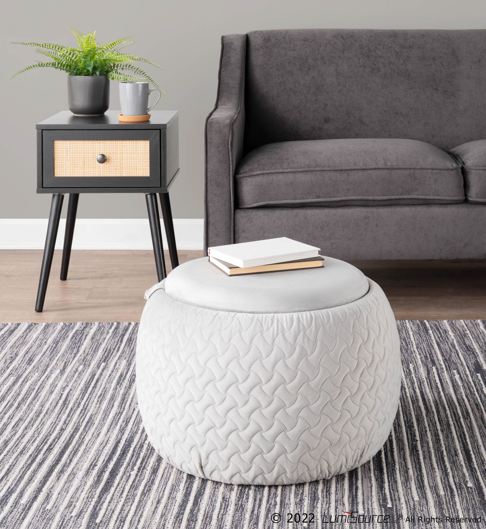 Tray Pouf Contemporary Silver Velvet Ottoman Natural Wood 3 Tray Pouf Contemporary Silver Velvet Ottoman Natural Wood - Image 3