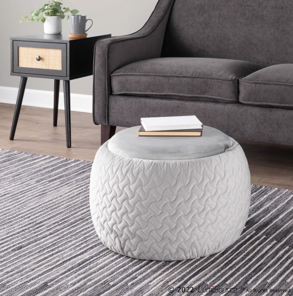 Tray Pouf Contemporary Silver Velvet Ottoman Natural Wood 4