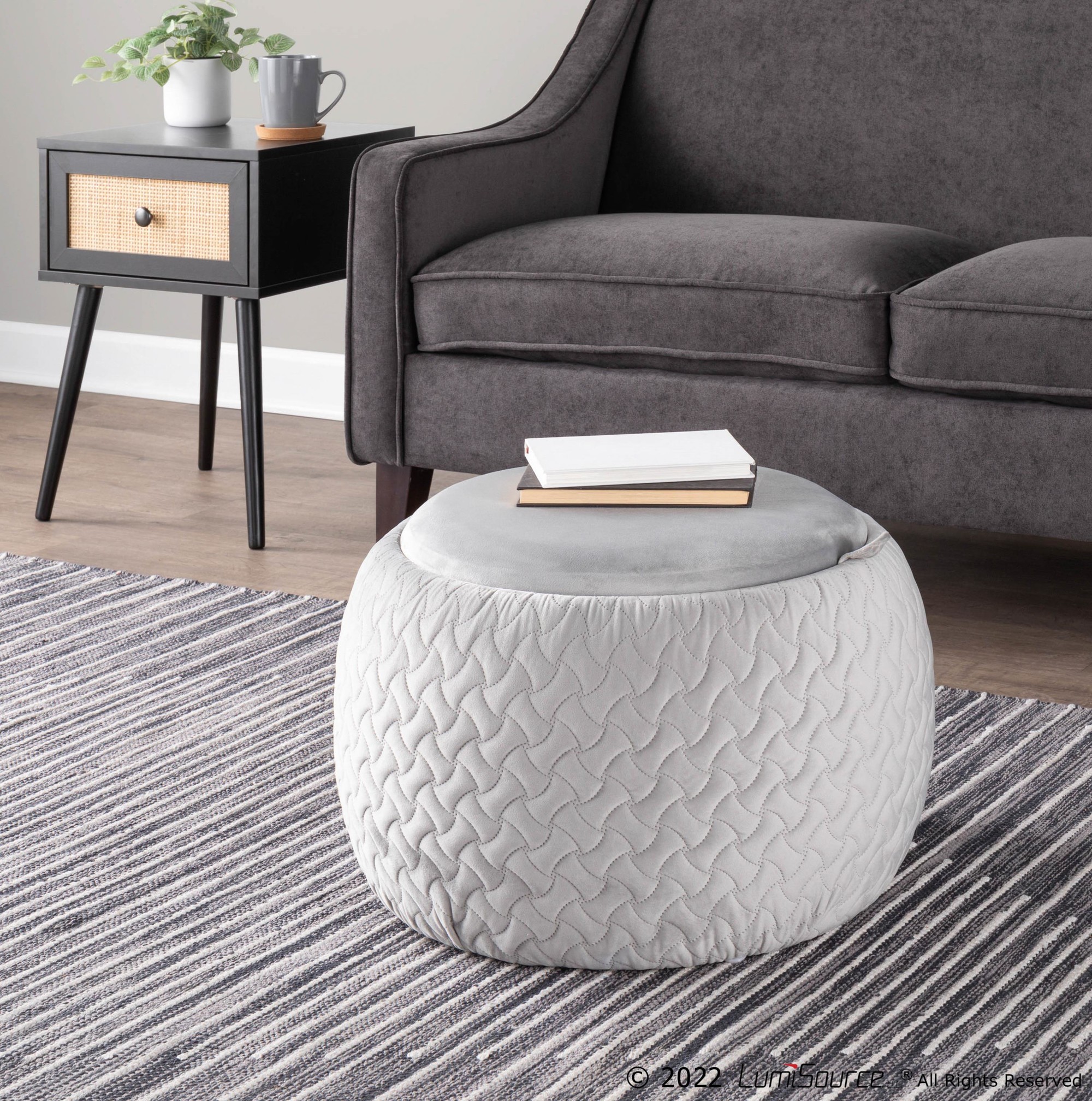 Tray Pouf Contemporary Silver Velvet Ottoman Natural Wood 5 Tray Pouf Contemporary Silver Velvet Ottoman Natural Wood - Image 5