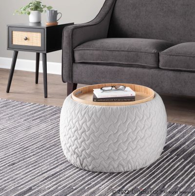 Tray Pouf Contemporary Silver Velvet Ottoman Natural Wood