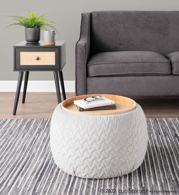 Tray Pouf Contemporary Silver Velvet Ottoman Natural Wood 5