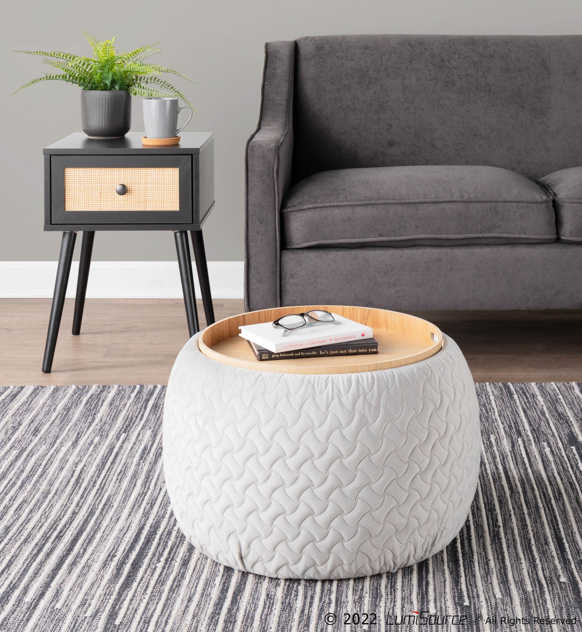 Tray Pouf Contemporary Silver Velvet Ottoman Natural Wood 6 Tray Pouf Contemporary Silver Velvet Ottoman Natural Wood - Image 6