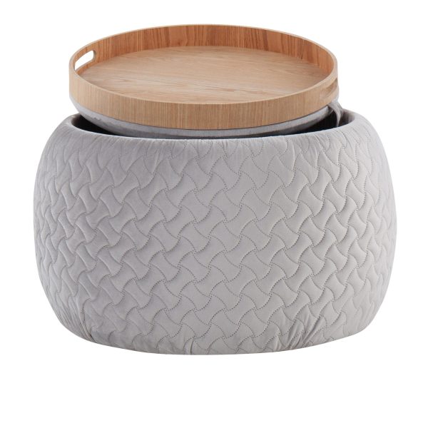 Tray Pouf Contemporary Silver Velvet Ottoman Natural Wood 9