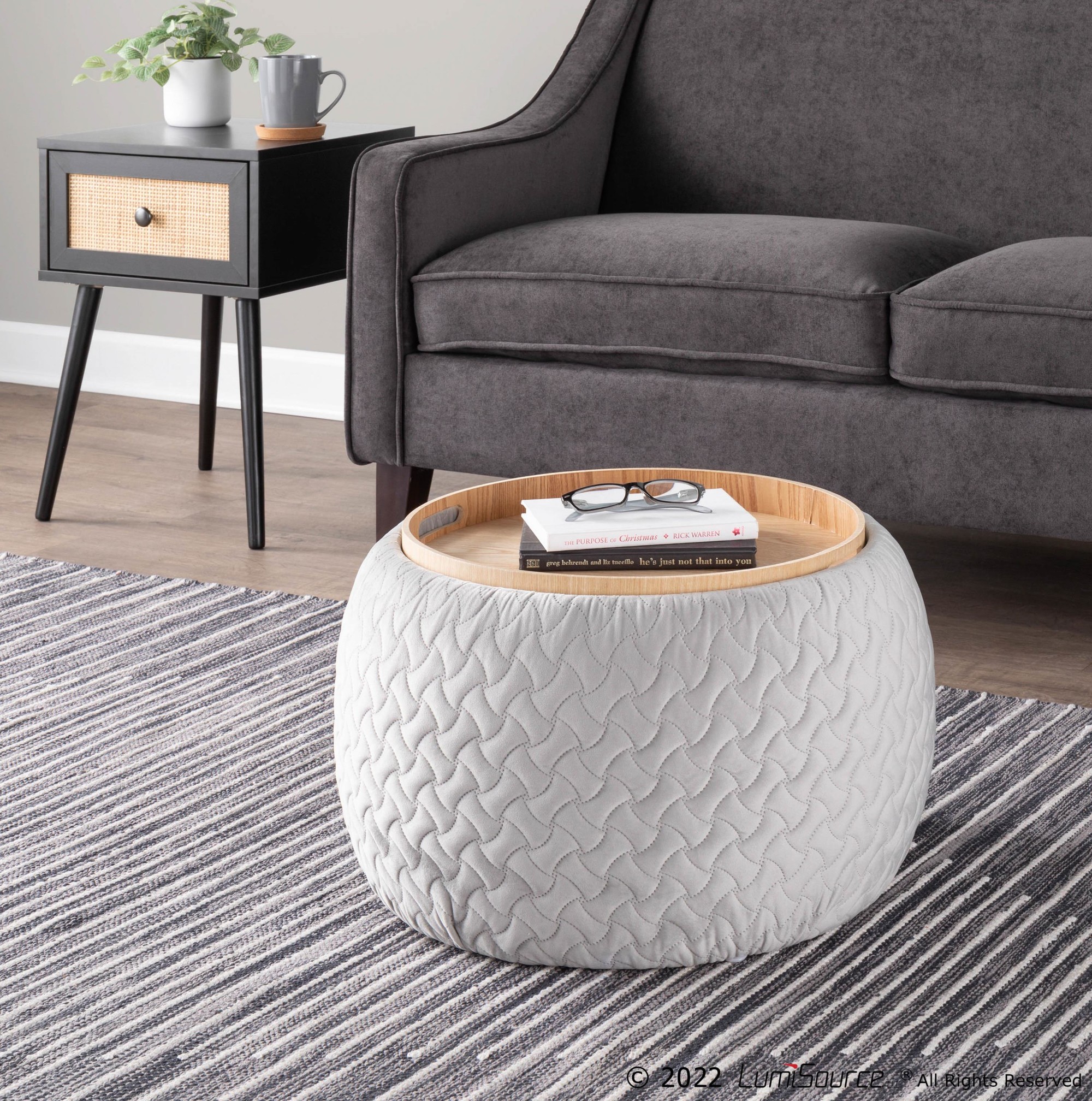Tray Pouf Contemporary Silver Velvet Ottoman Natural Wood 1 Tray Pouf Contemporary Silver Velvet Ottoman Natural Wood