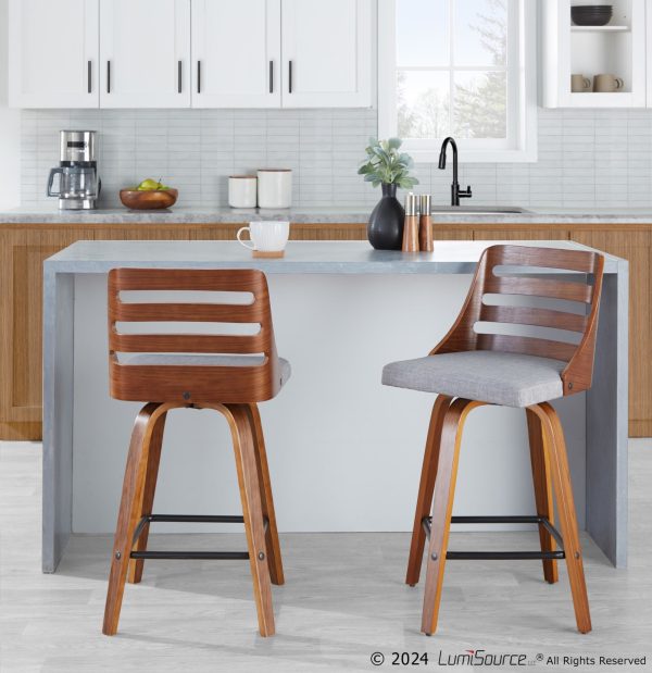 Trevi Walnut Wood Grey Fabric Mid Century Modern Counter Stools Set of 2 1