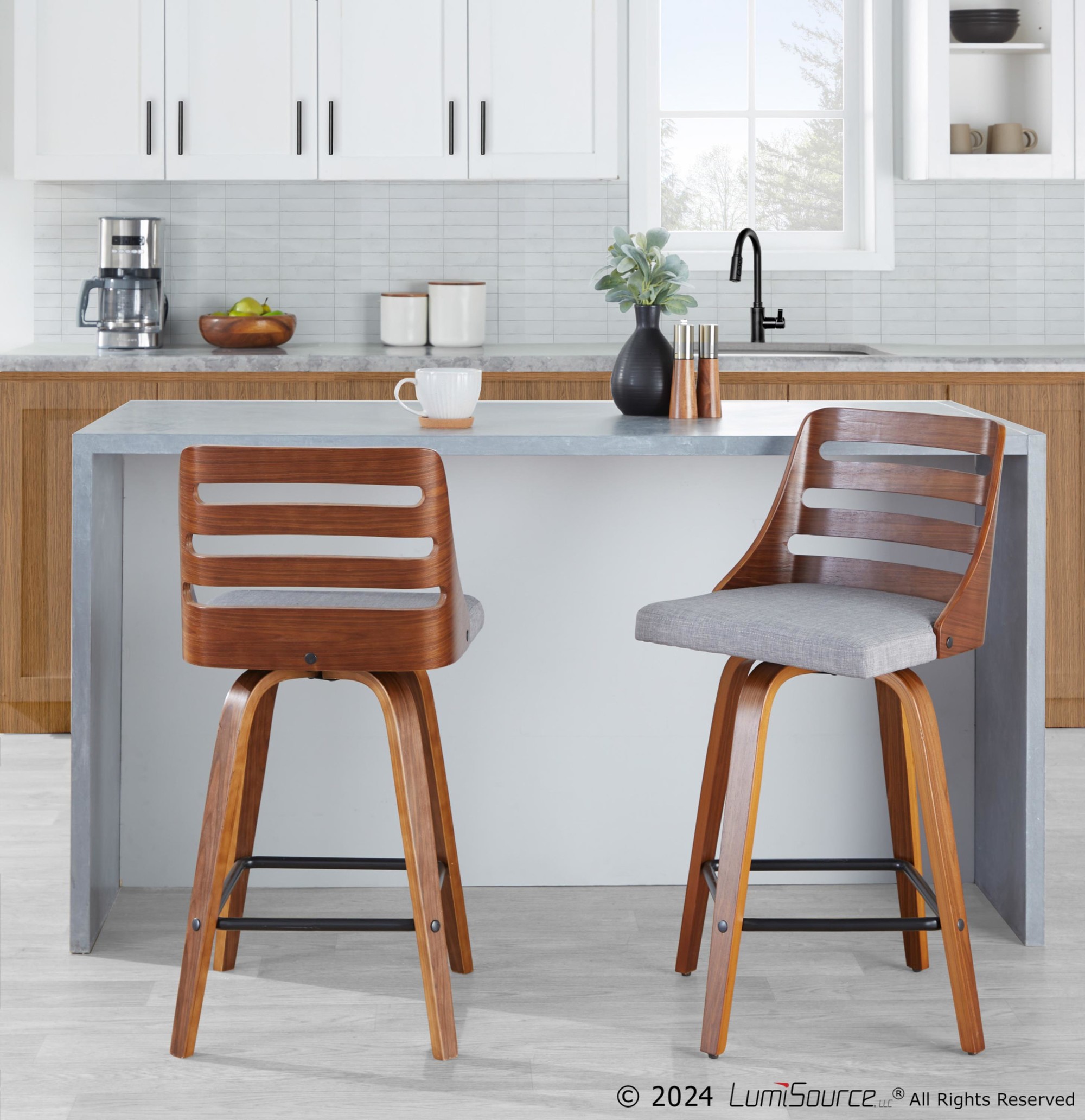 Trevi Walnut Wood Grey Fabric Mid-Century Modern Counter Stools (Set of 2) 2 Trevi Walnut Wood Grey Fabric Mid-Century Modern Counter Stools (Set of 2) - Image 2