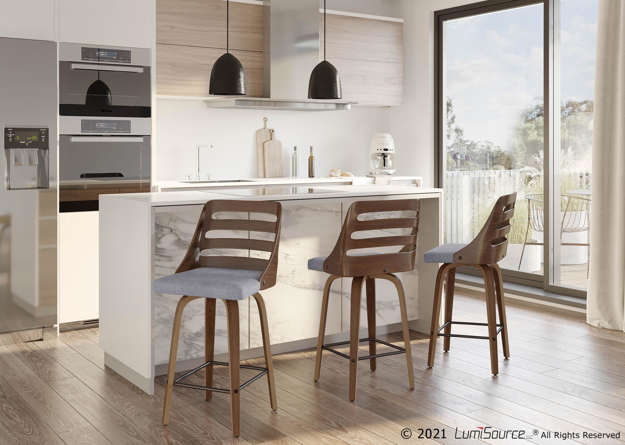 Trevi Walnut Wood Grey Fabric Mid-Century Modern Counter Stools (Set of 2) 3 Trevi Walnut Wood Grey Fabric Mid-Century Modern Counter Stools (Set of 2) - Image 3