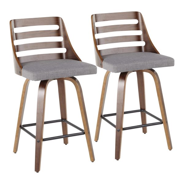 Trevi Walnut Wood Grey Fabric Mid Century Modern Counter Stools Set of 2 3