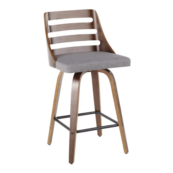 Trevi Walnut Wood Grey Fabric Mid Century Modern Counter Stools Set of 2 4
