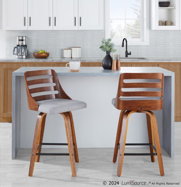Trevi Walnut Wood Grey Fabric Mid Century Modern Counter Stools Set of 2